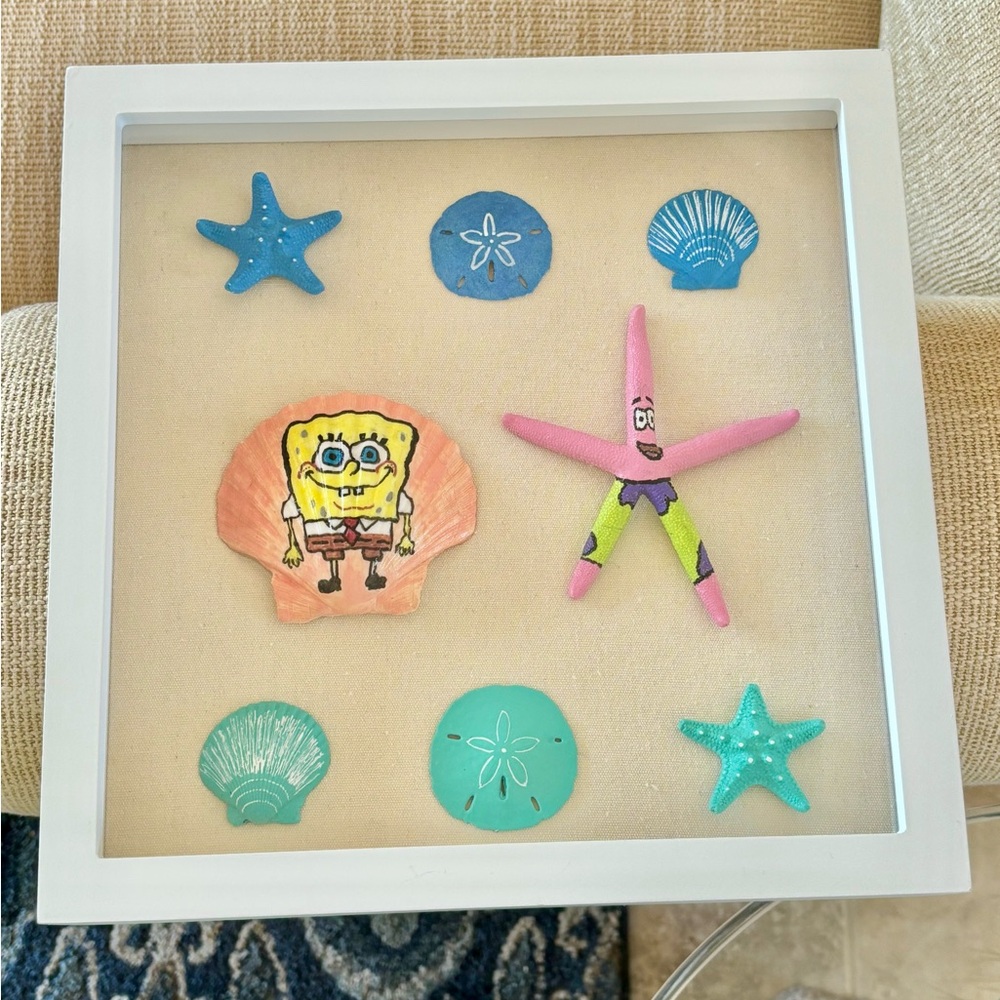 She Shells Art hand-painted SpongeBob & Patrick Star Seashell Art in White Frame